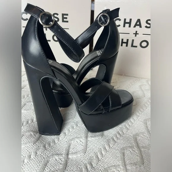 Chase + Chloe Black Strappy Adjustable Platform Heels Various Sizes - Picture 3 of 14